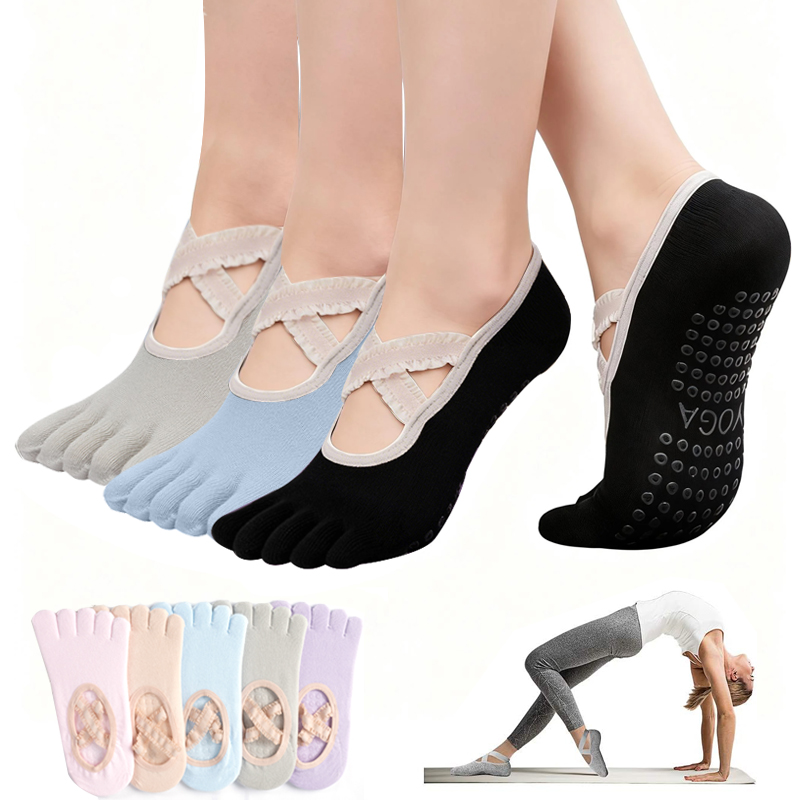 Pilates Yoga Fitness - ถุงเท้าพิลาทิสกันลื่นสำหรับผู้หญิง ถุงเท้าโยคะแบบผูกเชือก ถุงเท้ากีฬาฟิตเนสระบายอากาศ ถุงเท้าบัลเลต์สำหรับสตูดิโอพิลาทิส